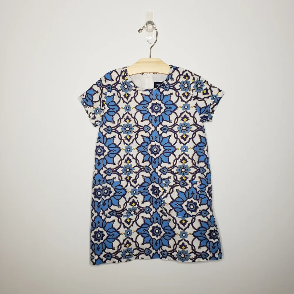 Toobydoo New York 4 Toddler Girl Blue Tile Print Short Sleeve Shift Dress